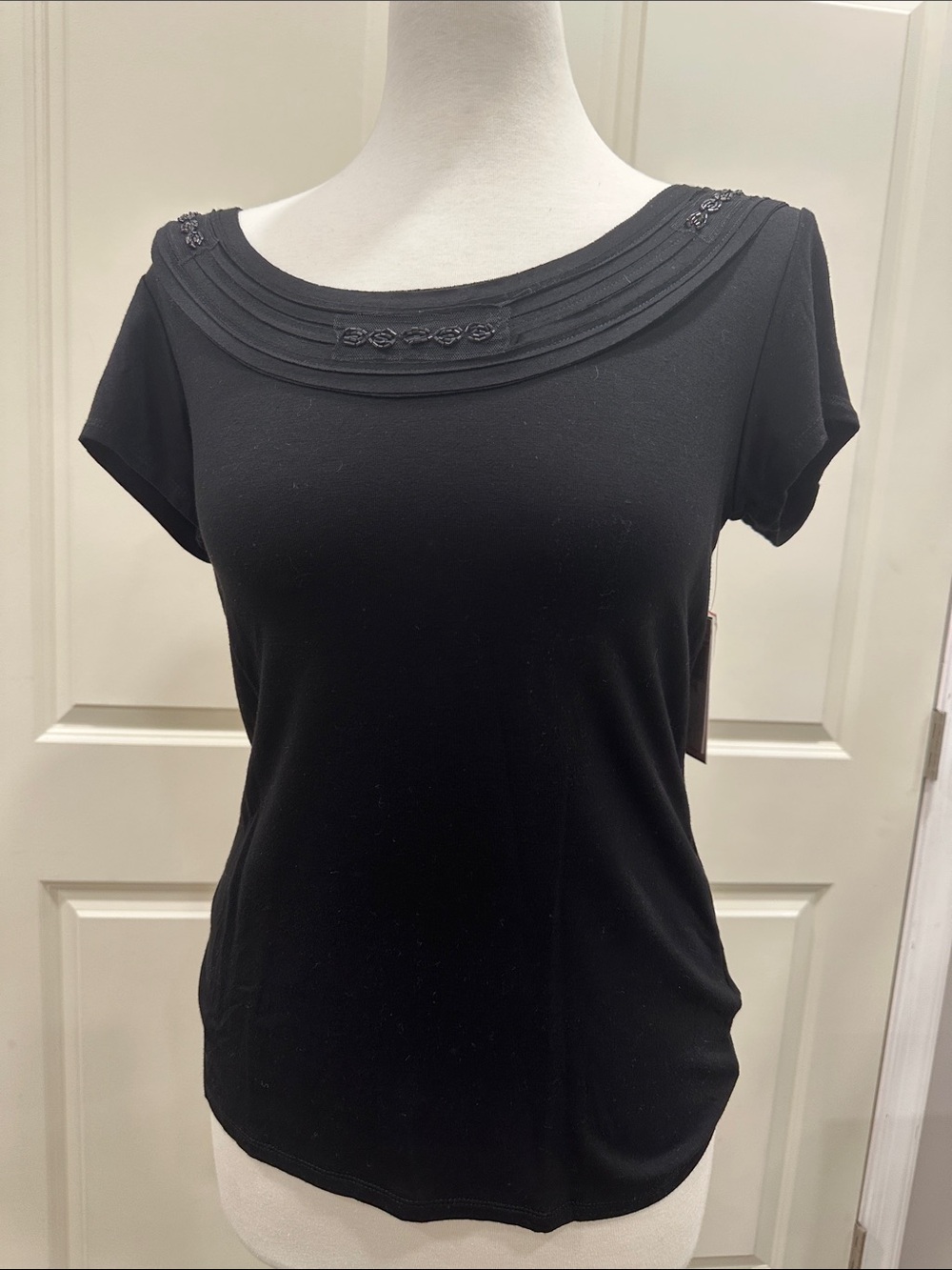 Philosophy Black Short Sleeve Scoop Neck Top with Beaded Accents